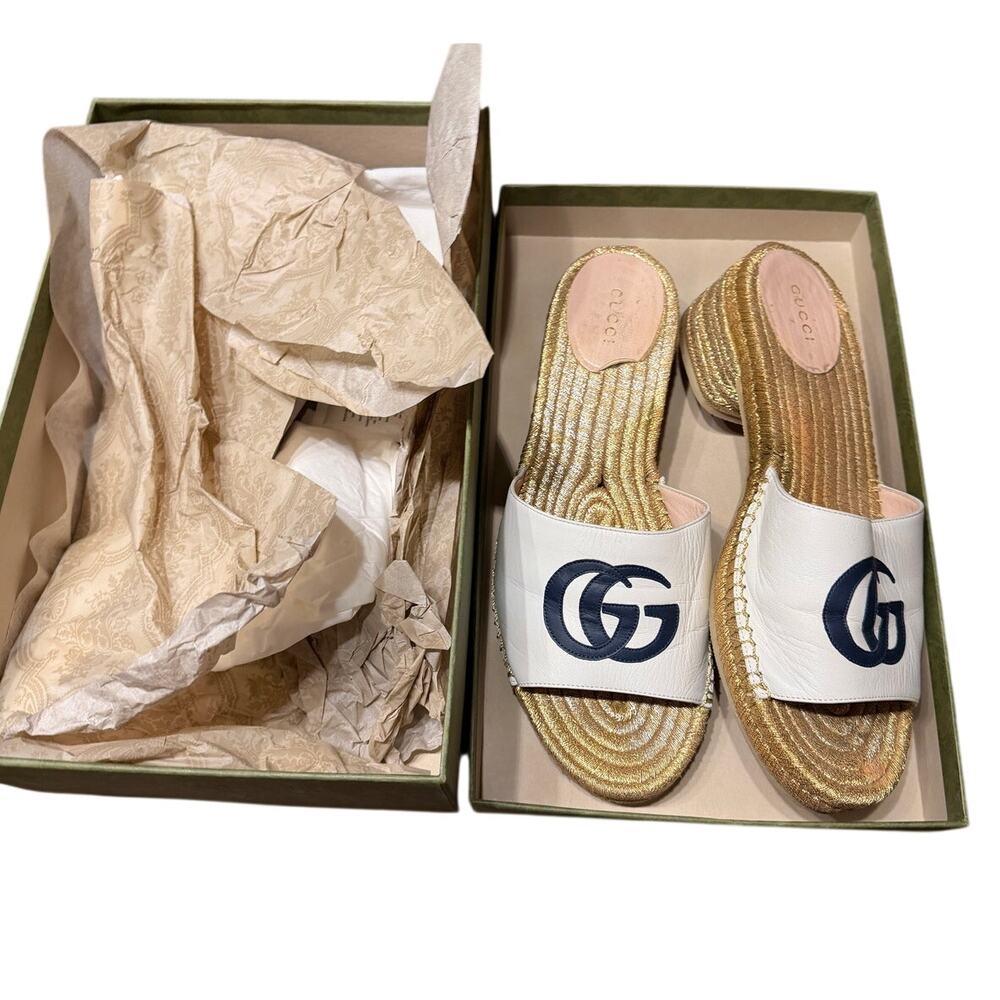 Gucci GG Marmont Platform Slide Sandals 40 Gold Espadrille 655820 - Picture 2 of 9